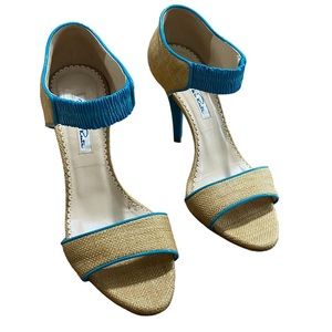 OSCAR DE LA RENTA - OPEN TOE BEIGE RAFFIA & TURQUOISE PATENT LEATHER - SZ 37 S8